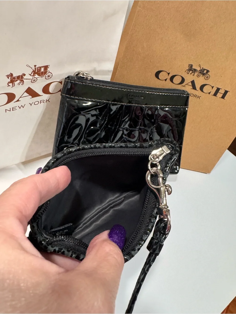 Coach Black Pleated Fabric & Patent Leather Wristlet Duo - Picture 7 of 15